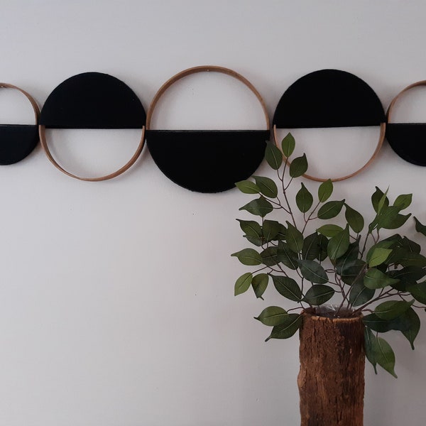 Semi-circle wall art macrame, half moon modern geometric wooden hoop circles with wrapped yarn, minimalist fiber art bubble wall hanging