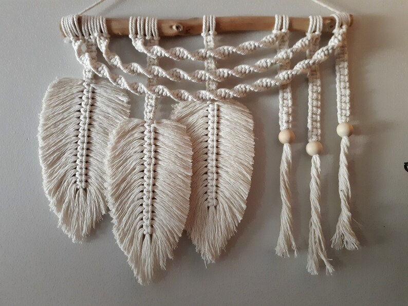 Macramé Feather Wall Hanging in White Gray Navy Green or Etsy