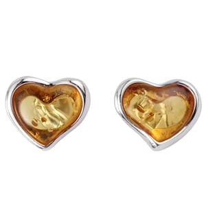 Amber Heart Stud Earrings 925 Sterling Silver Genuine Lemon Baltic Amber, Unusual Amber, Modern Amber, Perfect Gifts For Her
