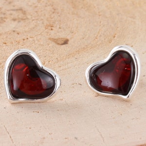 Amber Heart Stud Earrings 925 Sterling Silver Genuine Cherry Baltic Amber, Unusual Amber, Modern Amber, Perfect Gifts For Her