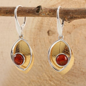 Amber Leaf Drop Earrings Gold Plated 925 Sterling Silver Genuine Cherry Baltic Amber Leaf Inspired