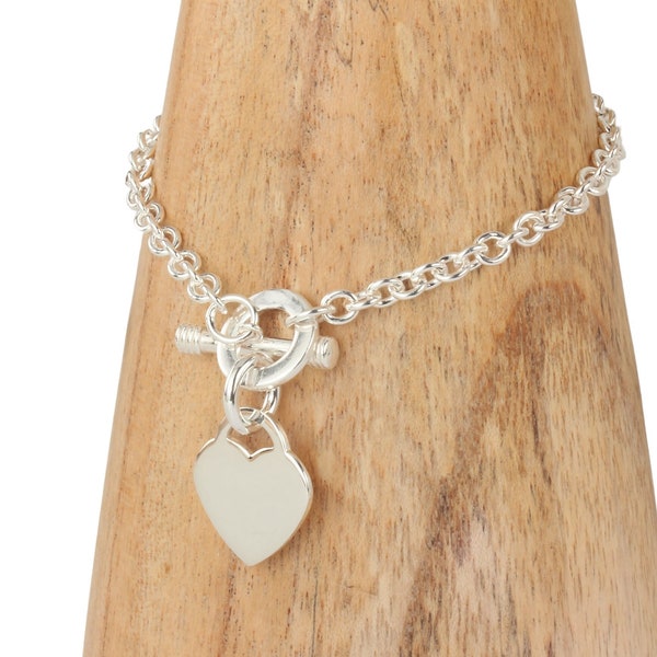 Bracelet barre en T en argent véritable, Bracelet éructeur en argent sterling 925, 7,5 po. 8,25 po. Cadeaux pour elle, bracelet médaille coeur, bracelet pour femme