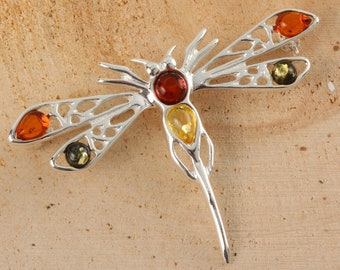 Amber Dragonfly Brooch 925 Sterling Silver Genuine Honey, Green And Lemon Baltic Amber