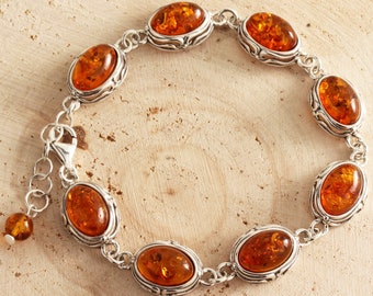 925 Sterling Silver Scroll Edged Genuine Honey Baltic Amber Adjustable Bracelet