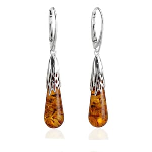 Baltic Amber Drop Earrings, 925 Sterling Silver Genuine Honey Baltic Amber Drop Earrings, Gifts For Her, Long Drop Earrings, Silver Earrings