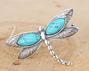 925 Sterling Silver Dragonfly Genuine Turquoise Oxidised Brooch, Perfect Gift, Bug Jewellery, Authentic Turquoise