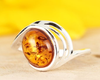 Baltic Amber Ring, Genuine Honey Baltic Amber 925 Sterling Silver Ring, Unusual Amber, Modern Amber, Gift For Her