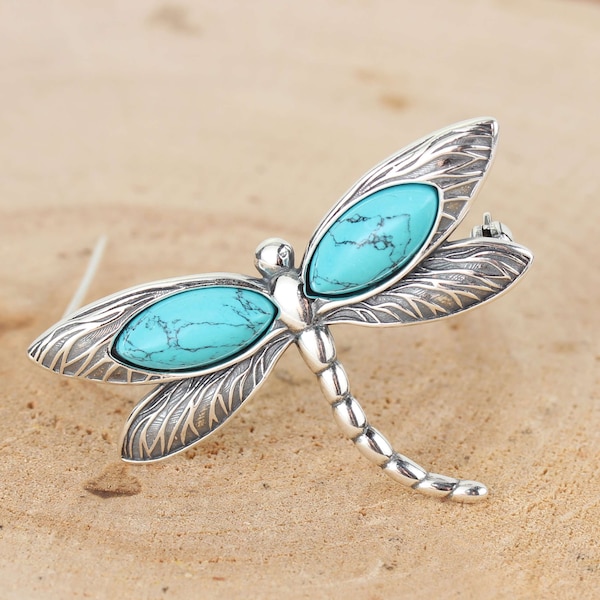 925 Sterling Silver Dragonfly Genuine Turquoise Oxidised Brooch, Perfect Gift, Bug Jewellery, Authentic Turquoise