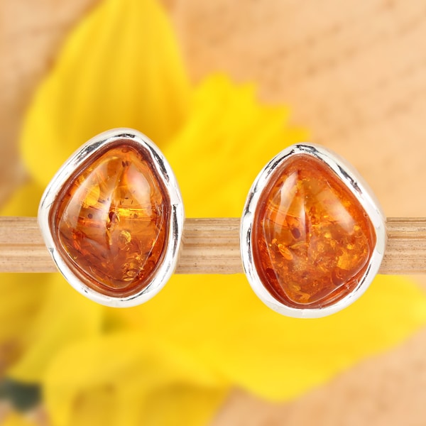 Amber Stud Earrings 925 Sterling Silver Genuine Honey Baltic Amber, Unusual Amber, Modern Amber, Perfect Gifts For Her