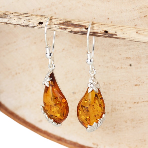 925 Sterling Silver Flower Edged Genuine Honey Baltic Amber Drop Earrings Perfect Gift