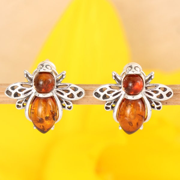 Amber Honey Bee Stud Earrings 925 Sterling Silver Genuine Honey Baltic Amber Animals Oxidised Perfect Gift, Birthday Present, Unusual Amber