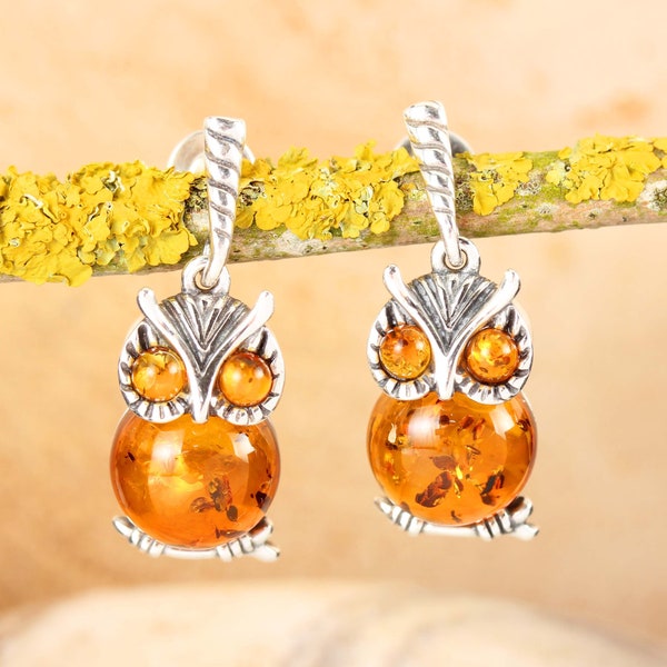 Amber Owl Earrings 925 Sterling Silver Honey Baltic Amber Drop Earrings, Gifts For Her, Unusual Amber, Modern Amber