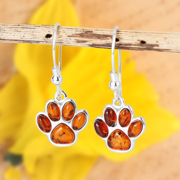 Amber Dog Paw Print Drop Earrings 925 Sterling Silver Genuine Honey Baltic Amber Perfect Gifts For Her, Baltic Amber Drop Earrings