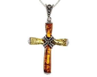 Colgante de cruz de ámbar en plata de ley 925. Ámbar báltico auténtico, verde y miel, oxidado. Ámbar inusual. Colgante religioso. Regalo perfecto.