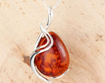 Amber Swirl Overlay Pendant 925 Sterling Silver Cognac Baltic Amber