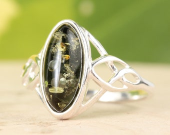 Sterling Silver Green Amber Oval Classic Ring