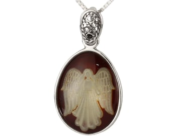 Amber Angel Pendant 925 Sterling Silver Genuine Cognac Baltic Amber Pendant, Hand Carved Angel Inclusion, Angel Jewellery, Filigree Style