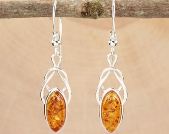 Amber Celtic Earrings 925 Sterling Silver Genuine Honey Baltic Amber Drop Earrings, Celtic Jewellery, Gifts For Her, Unusual Amber