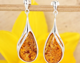 Amber Pear Drop Earrings 925 Sterling Silver Genuine Honey Baltic Amber Earrings, Unusual Amber, Modern Amber, Rich Amber, Perfect Gift