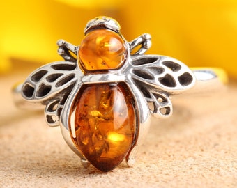 Amber Bee Ring 925 Sterling Silver Genuine Honey Baltic Amber Animals Oxidised Perfect Gift