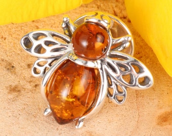 Amber Bee Pin 925 Sterling Silver Genuine Honey Baltic Amber Animals Oxidised Brooch