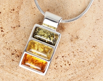 925 Sterling Silver Triple Layer Genuine Multicoloured Baltic Amber Pendant