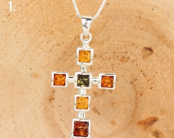 Colgante de cruz de ámbar 925 plata de ley genuino ámbar báltico mulitoclorado, oxidado, ámbar inusual, colgante religioso, regalo perfecto