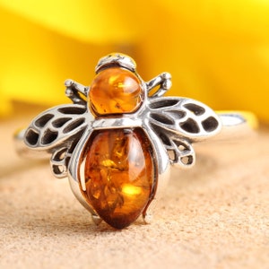 Amber Bee Ring 925 Sterling Silver Genuine Honey Baltic Amber Animals Oxidised Perfect Gift