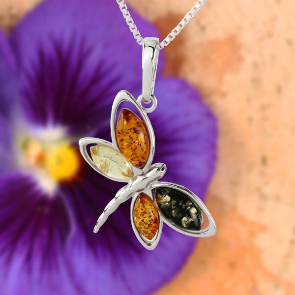 Amber Dragonfly Pendant 925 Sterling Silver Genuine Multicoloured Baltic Amber Necklace, Gifts For Her, Birthday, Unusual, Gift For Her