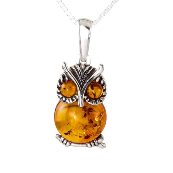 Amber Owl Pendant 925 Sterling Silver Genuine Honey Baltic Amber Animals Necklace Perfect Gifts For Her, Stunning Amber, Owl Jewellery