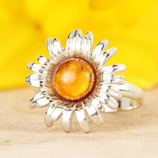 Amber Sunflower Ring 925 Sterling Silver Genuine Honey Baltic Amber Perfect Gifts For Her, Unusual Amber, Modern Amber