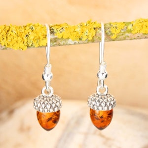 Amber Acorn Drop Earrings 925 Sterling Silver Genuine Honey Baltic Amber Earrings Nature Inspired Perfect Gifts For Her