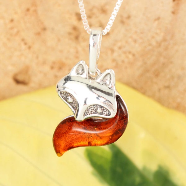Amber Fox Pendant 925 Sterling Silver Genuine Honey Baltic Amber Animals Amber Necklace Perfect Gift, Birthday, Unusual, Gifts For Her