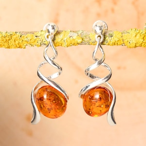 Amber Spiral Drop Earrings 925 Sterling Silver Genuine Honey Baltic Amber Earrings, Unusual Amber, Modern Amber, Rich Amber, Gifts