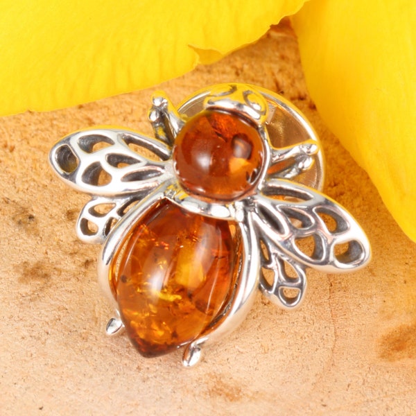 Amber Bee Pin 925 Sterling Silver Genuine Honey Baltic Amber Animals Oxidised Brooch