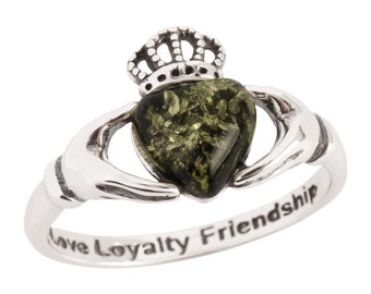 Amber Claddagh Ring 925 Sterling Silver Genuine Green Baltic Amber