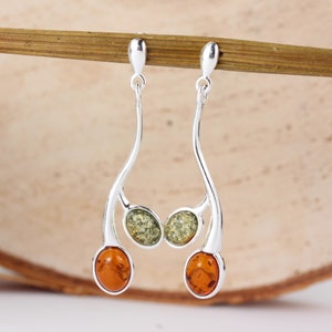 Baltic Amber Earrings 925 Sterling Silver Genuine Multicoloured Baltic Amber Drop Earrings, Modern Amber, Unusual Amber, Perfect Gift