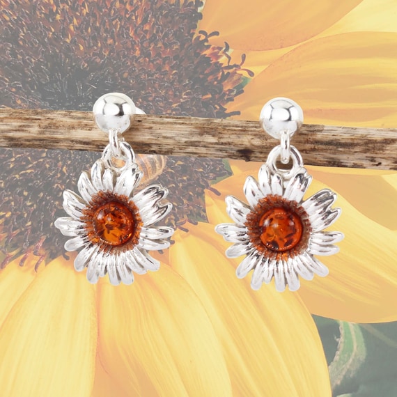 Amber Sunflower Drop Earrings 925 Sterling Silver Genuine Honey