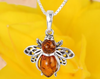 Amber Honey Bee Pendant 925 Sterling Silver Genuine Honey Baltic Amber Animals Oxidised Natural Amber Necklace Perfect Gifts For Her,