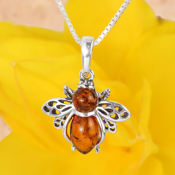 Amber Honey Bee Pendant 925 Sterling Silver Genuine Honey Baltic Amber Animals Oxidised Natural Amber Necklace Perfect Gifts For Her,