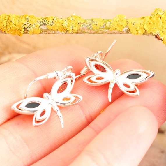 Orecchini Ambra Farfalla 925 Orecchini a goccia in argento multicolore in argento baltico, ambra genuina, regali per lei, ambra insolita - Italia