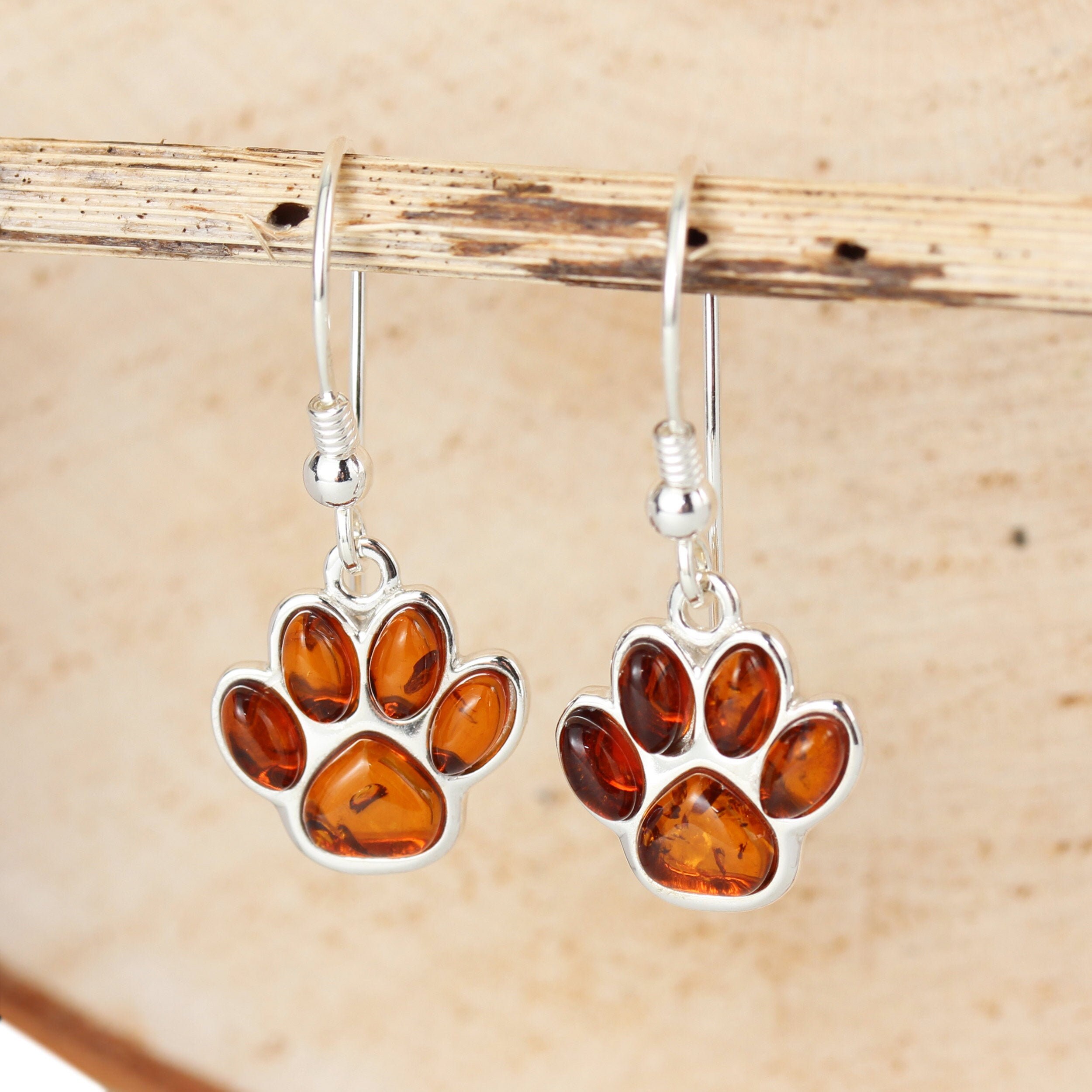 Amber Dog Paw Print Drop Earrings 925 Sterling Silver Genuine Etsy UK