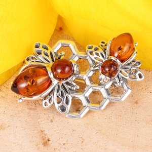 Amber Honey Bee Brooch 925 Sterling Silver Genuine Honey Baltic Amber Animals Oxidised Pin Perfect Gift