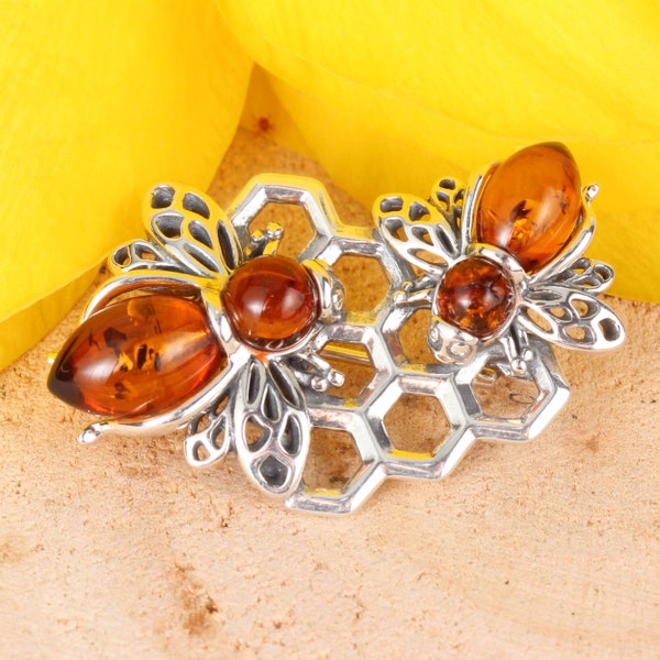 Amber Honey Bee Brooch 925 Sterling Silver Genuine Honey Baltic Amber Animals Oxidised Pin Perfect Gift