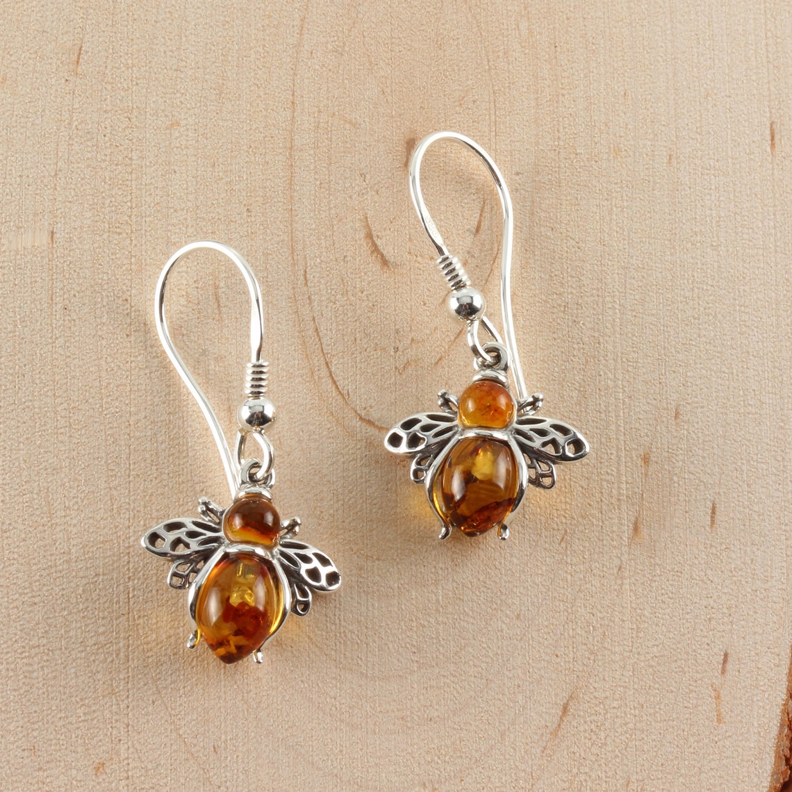 Amber Honey Bee Drop Earrings 925 Sterling Silver Genuine Etsy
