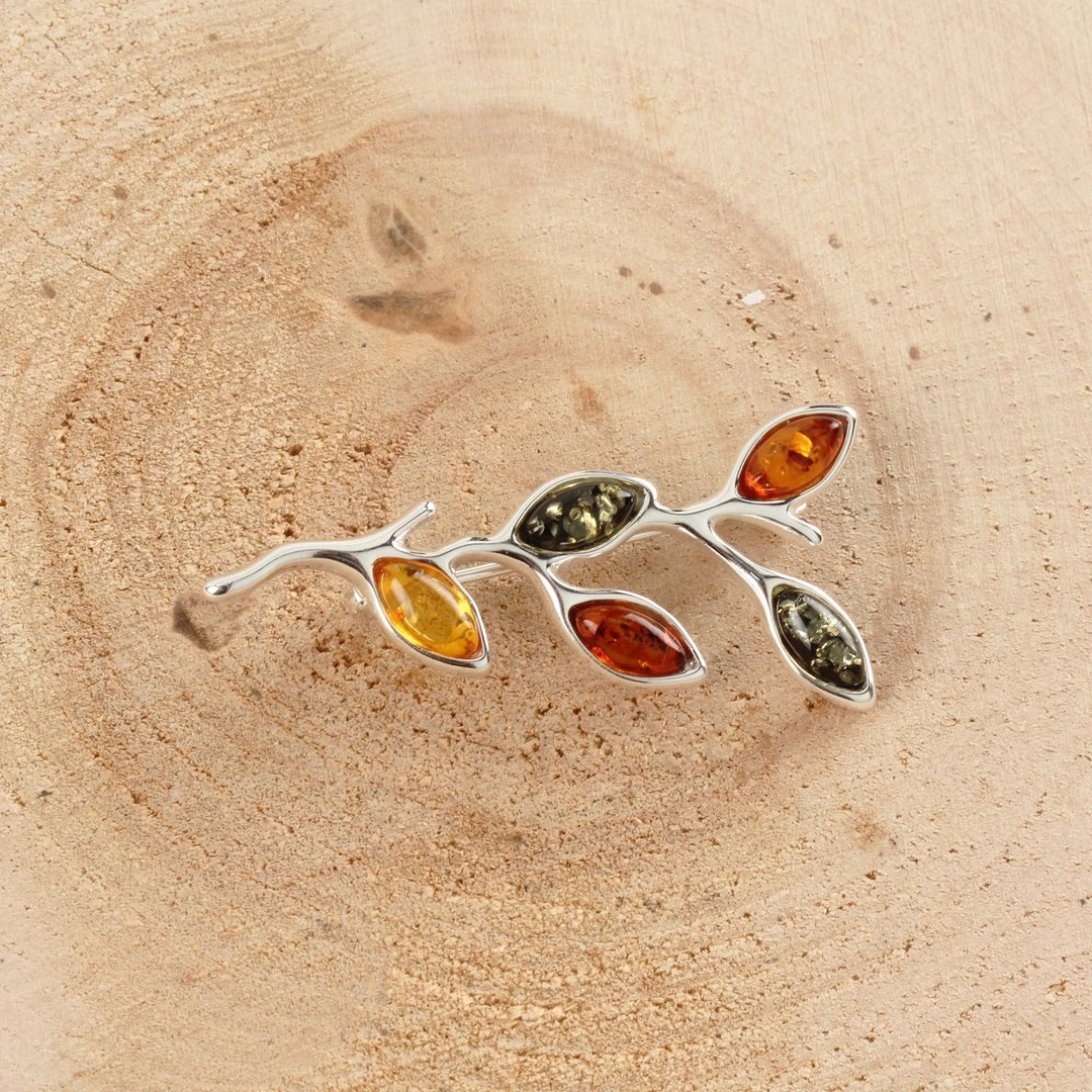 Broche Vintage En Ambre Baltique Années 70 - Forme Feuilles, Alliage, Occasion
