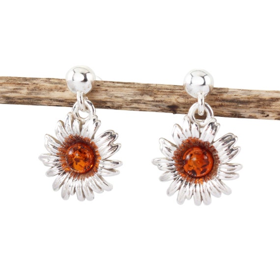 Orecchini pendenti vintage in argento sterling con ambra e goccia - Italia