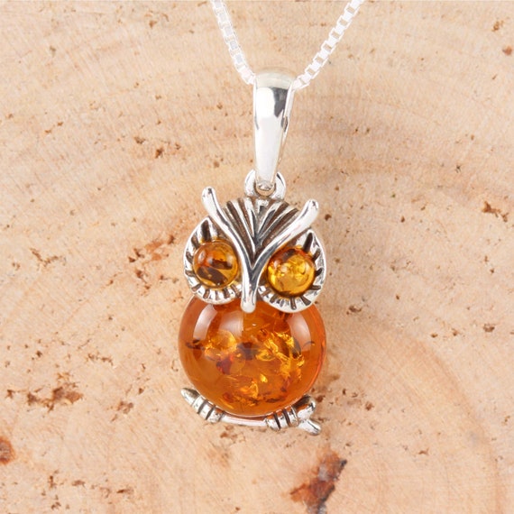 琥珀のフクロウペンダント 925 スターリングシルバー 本物のハニー