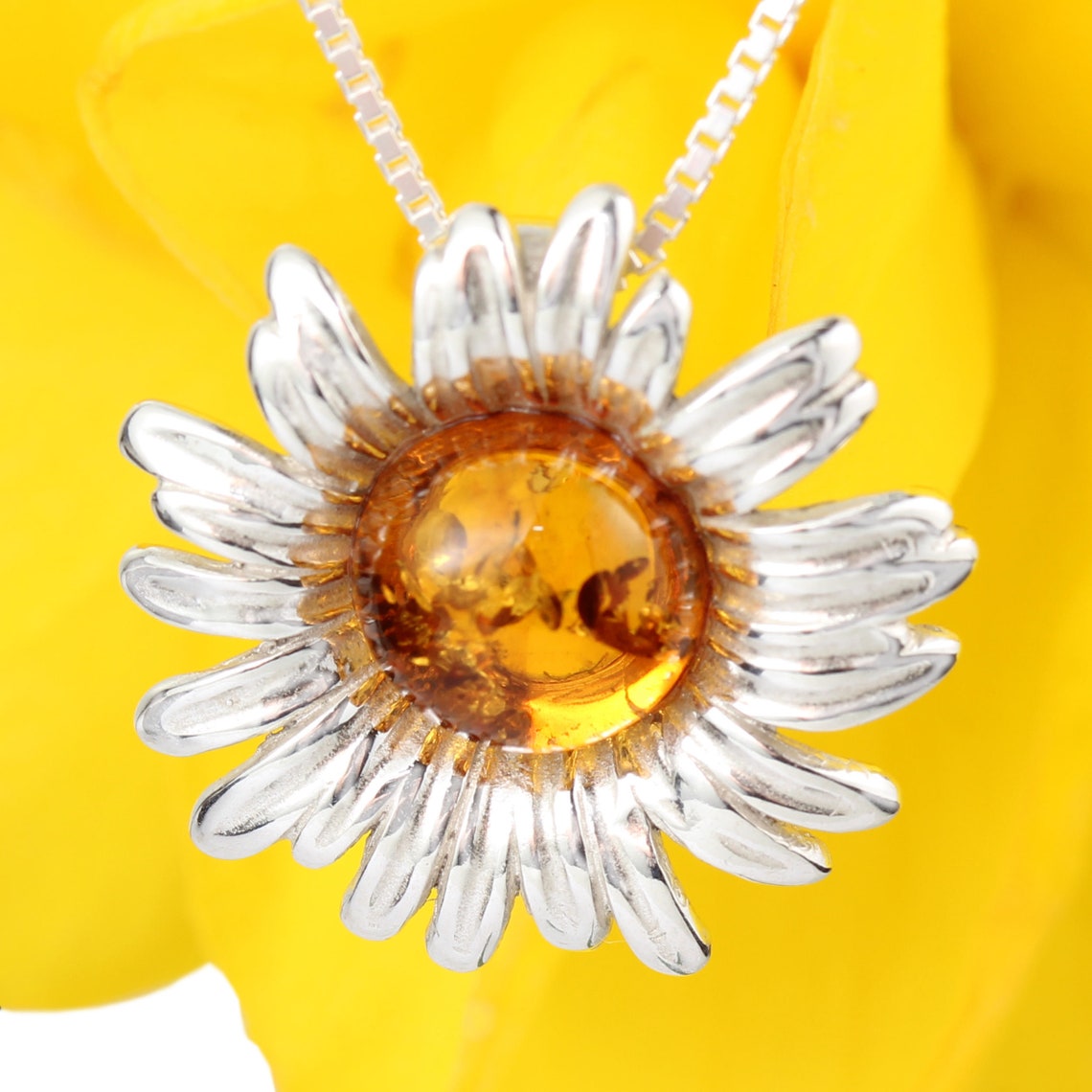 thumbnail image 2 of 925 Sterling Silver Sun Pendant With Natural Cognac Amber – Handmade Poland, Snake Chain 2 of 4