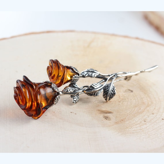 Sterling Silver & Baltic Amber Pendant "Rose" - Handcrafted Natural Amber Flower Jewelry, 925 Silver, Gift For Women - View #8